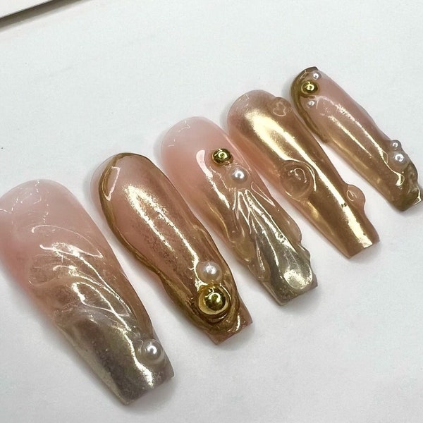 3D Iridescent Pearl Nails | Press On Nails | Long Nails | Coffin Nails | XXL Nails | Short Nails | Stiletto Nails | Stick on Nail