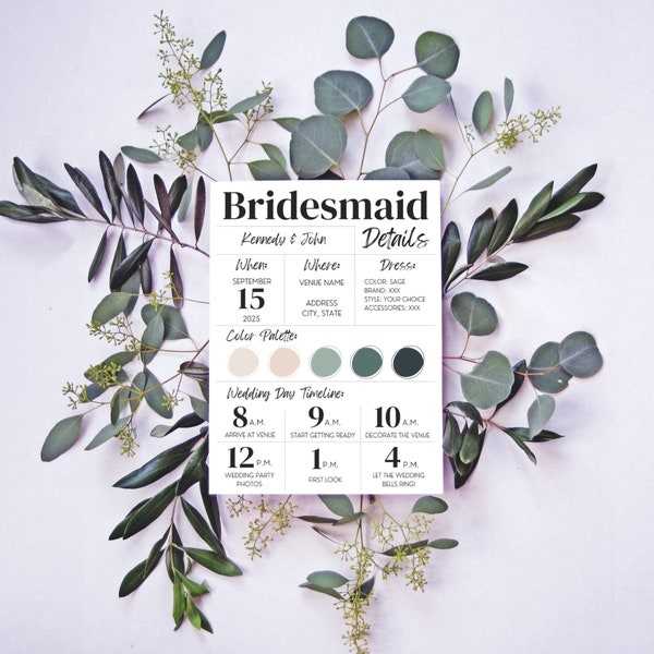 Bridesmaid Info Card Template, Modern Bridesmaid Information Card, Maid Of Honor Info Card, Bridesmaid Card Template, Instant Download