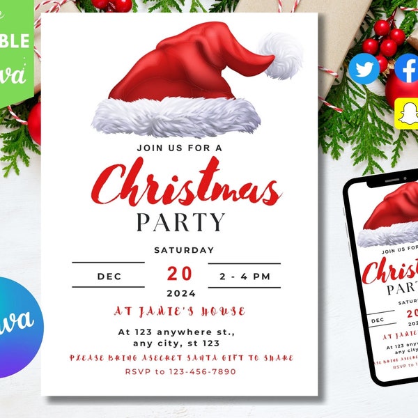 Kids Christmas Party Invitation, Santa Invitation, Xmas Party Invite, Christmas Invitation, Rustic Holiday Party, Digital Invitation