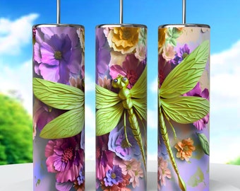 3d Dragonfly Tumbler Wrap, 3d Dragonfly 20oz Tumbler Wrap, Sublimation Designs, Dragonfly Flowers Png, Full Tumbler Wrap, Digital Download