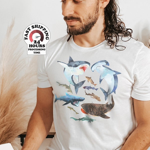 Watercolor Shark Shirts, Types Of Sharks Shirt, Illustrated T Shirt, Shark Gift Idea, Shark Species tee, Great White Shirt,Hammerhead Shirt