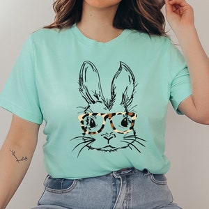 Bunny with Leopard Glasses shirt, Easter shirt, Easter bunny graphic tee, Easter shirts for women,Ladies Easter Bunny shirt