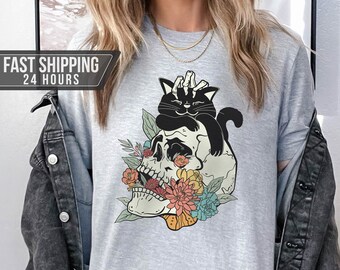 Skeleton Cat Tshirt, Cat Tshirt, Cat Halloween Shirt, Halloween Black Cat, Cat Lover Gift, Cat Shirt, Funny Cat Shirt, Cat Mom Shirt