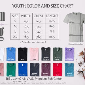 The image is a youth color and size chart for t-shirts, displaying the measurements and color options for various sizes.