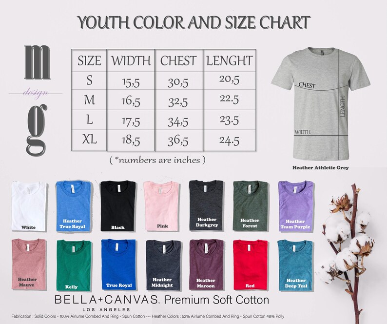 The image is a youth color and size chart for t-shirts, displaying the measurements and color options for various sizes.