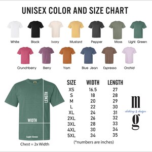 May include: A unisex color and size chart for t-shirts featuring thirteen color swatches labeled White, Black, Ivory, Mustard, Pepper, Moss, Light Green, Crunchberry, Berry, Yam, Blue Jean, Espresso, and Orchid, with a size guide in inches.