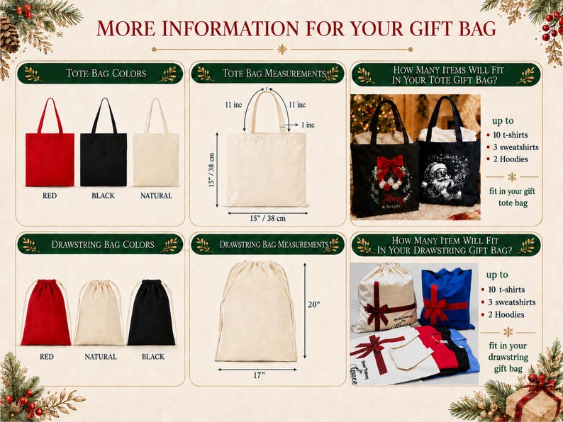The image is a detailed guide for gift bags, providing information on the different bag colors, sizes, and measurements. It includes images of various bags, such as tote bags and drawstring bags, along with their corresponding dimensions. The guide offers advice on how many items can fit in a tote bag and how many items can be accommodated in a drawstring bag, as well as the recommended number of t-shirts, sweatshirts, and hoodies to include in a gift bag.