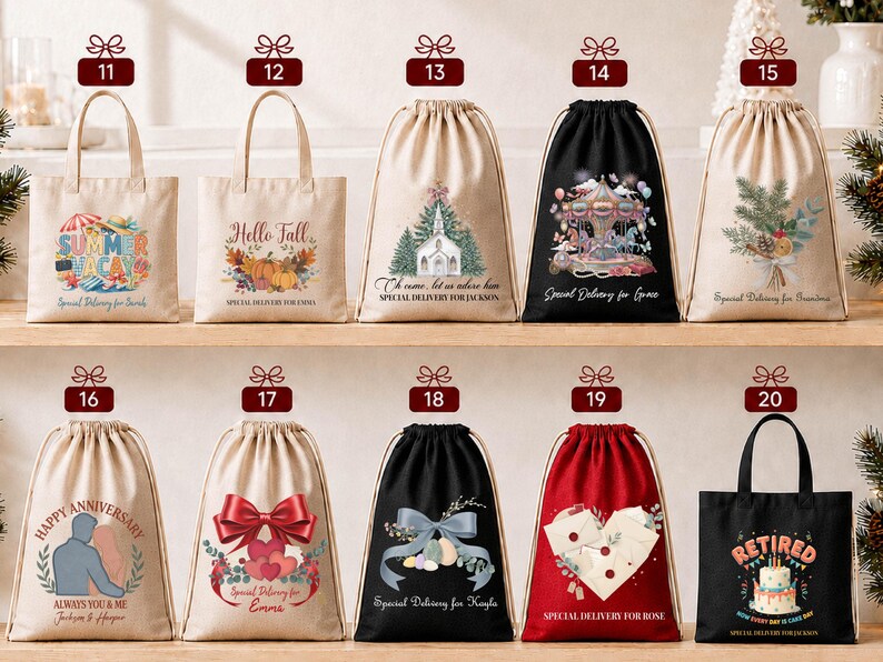 A collection of festive tote bags and drawstring bags, each with a unique design and a special message, displayed on a shelf.