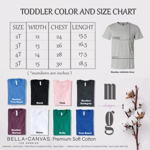The image is a toddler color and size chart for a t-shirt, along with a collection of t-shirts in various colors and sizes.