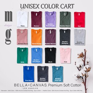 The image is a collage of various t-shirt designs in different colors, including white, maroon, purple, forest, red, gray, athletic grey, and pink. The t-shirts are displayed against a white background, and there is a branch of cotton with white flowers in the bottom right corner.