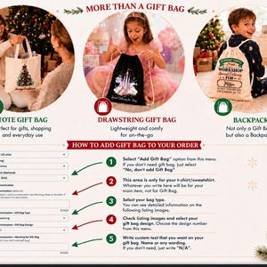 The image is a promotional flyer for a gift bag service, featuring three different gift bag designs and instructions on how to add a gift bag to an order.