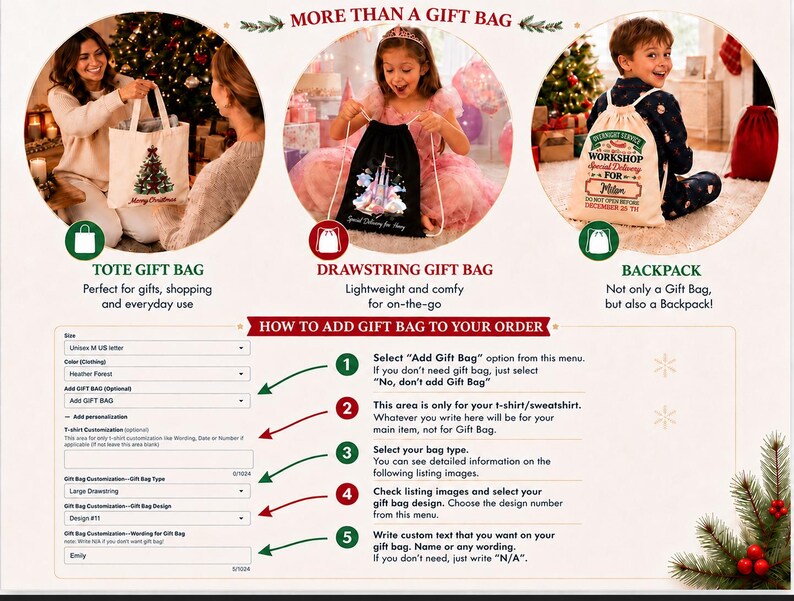 The image is a promotional flyer for a gift bag service, featuring three different gift bag designs and instructions on how to add a gift bag to an order.