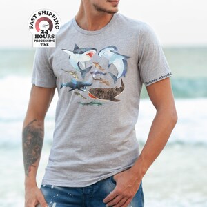 Watercolor Shark Shirts, Types Of Sharks Shirt, Illustrated T Shirt, Shark Gift Idea, Shark Species tee, Great White Shirt,Hammerhead Shirt Bild 3