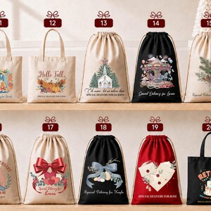 A collection of festive tote bags and drawstring bags, each with a unique design and a special message, displayed on a shelf.