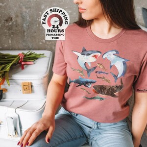 Watercolor Shark Shirts, Types Of Sharks Shirt, Illustrated T Shirt, Shark Gift Idea, Shark Species tee, Great White Shirt,Hammerhead Shirt Bild 2