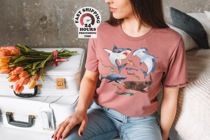 Watercolor Shark Shirts, Types Of Sharks Shirt, Illustrated T Shirt, Shark Gift Idea, Shark Species tee, Great White Shirt,Hammerhead Shirt Bild 2