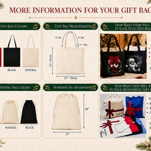 The image is a detailed guide for gift bags, providing information on the different bag colors, sizes, and measurements. It includes images of various bags, such as tote bags and drawstring bags, along with their corresponding dimensions. The guide offers advice on how many items can fit in a tote bag and how many items can be accommodated in a drawstring bag, as well as the recommended number of t-shirts, sweatshirts, and hoodies to include in a gift bag.