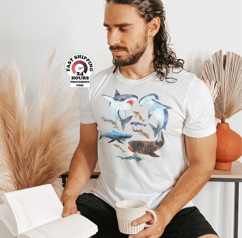 Watercolor Shark Shirts, Types Of Sharks Shirt, Illustrated T Shirt, Shark Gift Idea, Shark Species tee, Great White Shirt,Hammerhead Shirt Bild 1