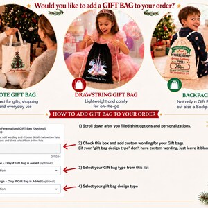 The image is a promotional graphic for a gift bag service, featuring three different gift bag designs and instructions on how to add a personalized gift bag to an order.