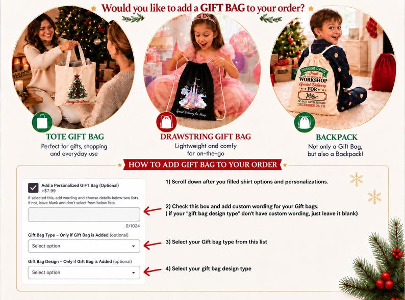 The image is a promotional graphic for a gift bag service, featuring three different gift bag designs and instructions on how to add a personalized gift bag to an order.