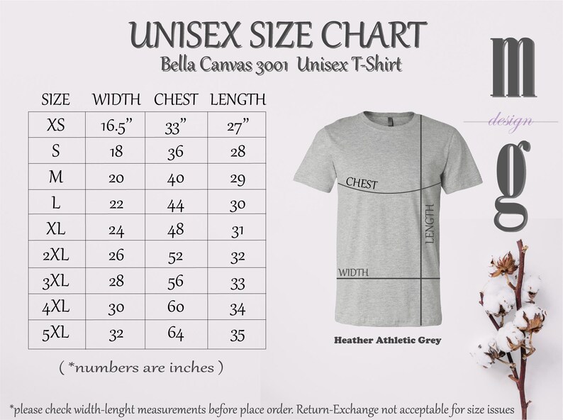 The image is a size chart for a unisex t-shirt, providing measurements for different sizes such as XS, S, M, L, XL, and XXL. The chart includes a gray t-shirt image for size 5, and the text indicates that the width, chest length, and height measurements are in inches. The chart also includes a note that the numbers are in inches and that the return-exchange policy does not apply for size issues.