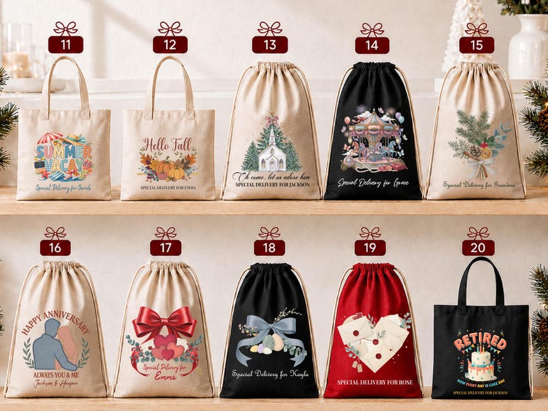A collection of festive tote bags and drawstring bags, each with a unique design and a special message, displayed on a shelf.