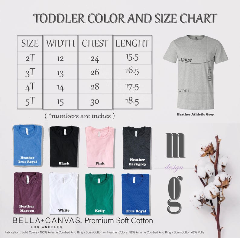 The image is a toddler color and size chart for a t-shirt, along with a collection of t-shirts in various colors and sizes.
