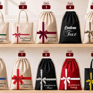 a collection of gift bags and drawstring bags, each with a unique design and ribbon pattern, arranged on a shelf.