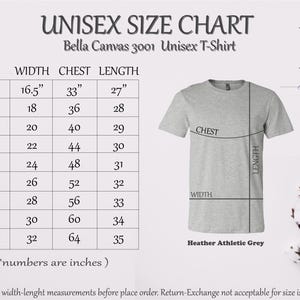 The image is a size chart for a unisex t-shirt, providing measurements for different sizes such as XS, S, M, L, XL, and XXL. The chart includes a gray t-shirt image for size 5, and the text indicates that the width, chest length, and height measurements are in inches. The chart also includes a note that the numbers are in inches and that the return-exchange policy does not apply for size issues.