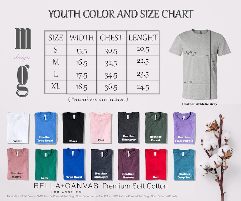 The image is a youth color and size chart for t-shirts, displaying the measurements and color options for various sizes.