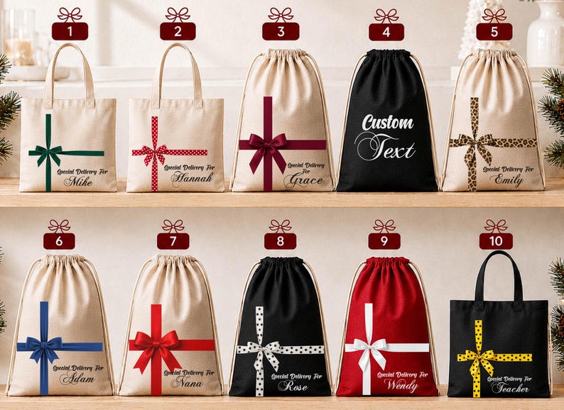 a collection of gift bags and drawstring bags, each with a unique design and ribbon pattern, arranged on a shelf.