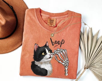 Funny Halloween Cat Shirt, Comfort Colors Skeleton Hand Cat Shirt, Cat Lover Halloween Party Gift, Skeleton Hand Cat Boop, Spooky Vibes