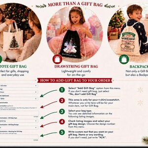 The image is a promotional flyer for a gift bag service, featuring three different gift bag designs and instructions on how to add a gift bag to an order.