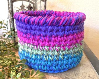 Bright Vivid Hues Chunky Hand Crocheted Catch-All Basket, Purple Blue Mint Fuchsia | Charity Donation, Pet Rescue Adoption Shelter, Cause