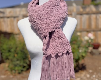 Handmade Crocheted Lavender Scarf, Fringe, Lacy Feminine Style, 100% RECYCLED Yarn  | Animal Pet Rescue Charity Donation Cause