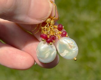 Pearl & Ruby Cluster Handmade Earrings, Elegant Minimalist, Dainty Feminine, July Birthstone | Charity Donation, Pet Rescue Adoption Cause