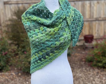 Green Multi Hued Hand Crocheted Triangle Scarf Shawl Shrug Shawlette | Animal Rescue Charity Donation, Shop for a Cause