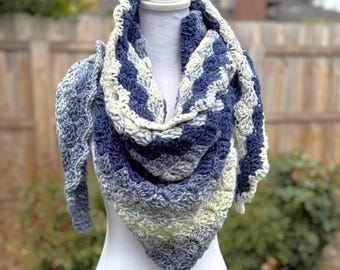 Shades of Blue & Cream Handmade Crochet Triangle Scarf Shawl, Warm Cozy, Kerchief, Bandana | Charity Donation, Cause, Animal Rescue Shelter
