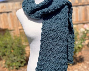Peacock Green Handmade Crocheted Scarf / Shawl, Extra Wide, Recycled Eco Yarn, Feminine Gift | Animal Pet Rescue Charity Donation, Cause