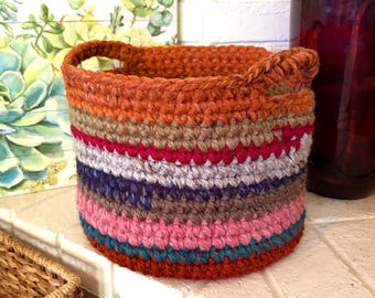 Multi Colored Hand Crocheted Catch-All Basket, Rustic Farmhouse Boho Decor | Charity Donation, Pet Shelter Rescue Adoption, Cause