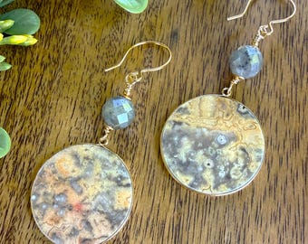 Crazy Lace Agate Disc & Labradorite Earrings, Dramatic Dangles, Rustic Natural | Charity Donation, Pet Rescue Shelter Adoption Cause