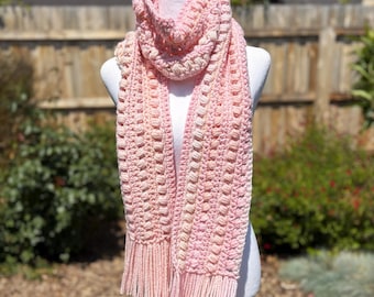 Pinks & Peaches Cuddly Hand Crocheted Scarf, Fringe, Warm Cozy Winter Neck Warmer | Animal Pet Rescue Charity Donation, Cause