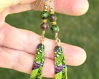 Ruby Zoisite &, Enamel Feather Earrings, Colorful Long Dangles, Gift for Her | Charity Donation, Pet Rescue Shelter Adoption Cause