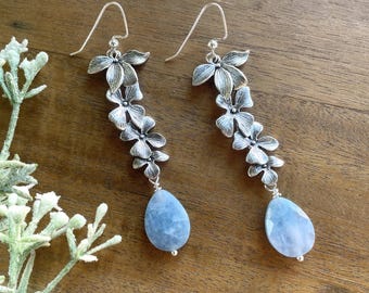 Dogwood Flower Aquamarine Earrings, Long Dangles, Spring Floral, Feminine Gift for Her | Charity Donation, Pet Rescue Adoption Shelter Cause