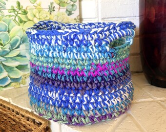 Bright Cheerful Multi Colored Handmade Crocheted Basket, Rustic Farmhouse Boho Decor | Charity Donation, Pet Shelter Rescue Adoption, Cause