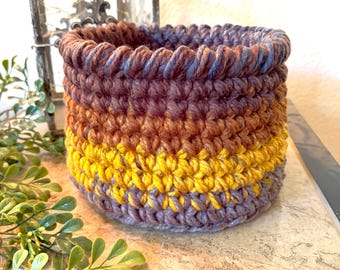 Rustic Multi Hues Chunky Hand Crocheted Catch-All Basket, Boho Decor, Farmhouse | Charity Donation, Pet Rescue Adoption Shelter, Cause