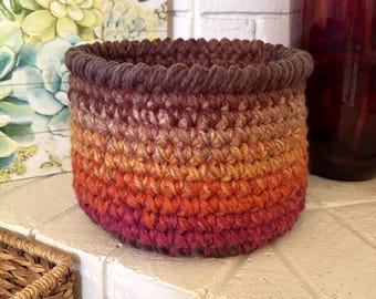 Rustic Multi Hues Chunky Hand Crocheted Catch-All Basket, Boho Decor, Farmhouse | Charity Donation, Pet Rescue Adoption Shelter, Cause