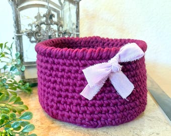 Chunky Purple Handmade Crocheted Basket, Ribbon Bow, Catch-All Organizer, Gift Basket | Charity Donation, Pet Rescue Adoption Shelter, Cause