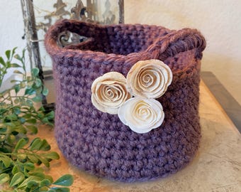 Chunky Recycled Yarn Crocheted Basket, Paper Flowers, Chocolate Brown, Eco-Friendly Home Decor | Charity Donation, Pet Rescue Adoption Cause