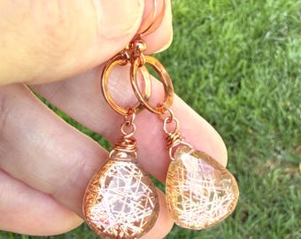 Rutilated Quartz Copper Earrings, Hand Wire Wrapped, Amazing Flash, Long Dangles, Gift for Her | Charity Donation, Pet Rescue Adoption Cause